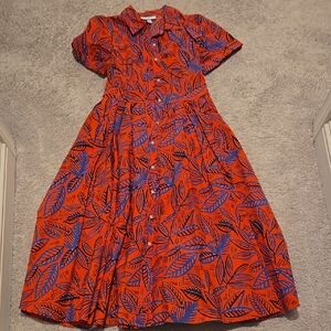 Red Leaf Print Button-Up Dress